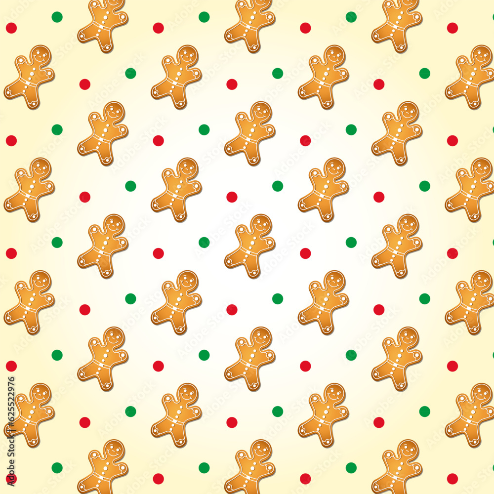 Gingerbread Christmas pattern, happy man cookie for Santa. Print for a gift paper or textile, fabric. Cartoon vector illustration