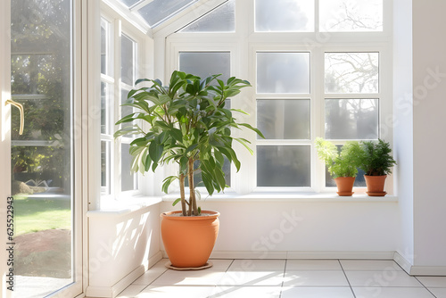 Light-filled conservatory with an empty wall and a single potted plant as a natural focal point. Generative AI