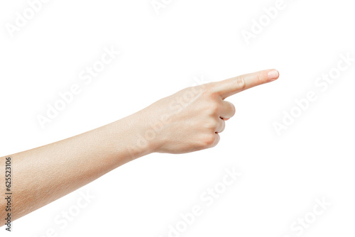 Pointing gesture isolated on white background. The index finger points to something. photo