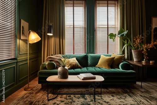 The living room is embellished with a grand window wall framed by wooden blinds, accompanied by a plush green sofa and adorned with a carpet. Additionally, a decorative golden wall lamp adds a touch © 2rogan