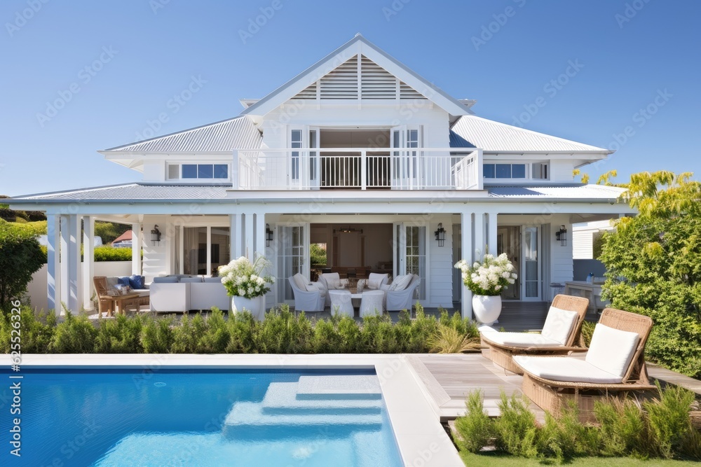 A contemporary white wooden home in the hampton style, featuring a balcony, verandah, and porch, creating a bright and airy outdoor space perfect for a holiday retreat.