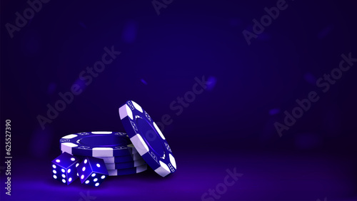 3d poker chips and dice in blue. A concept for a casino on a glowing bright background.