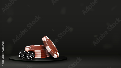 Gold chips and black glossy shiny poker dice on the podium. A concept for a casino on a dark background.