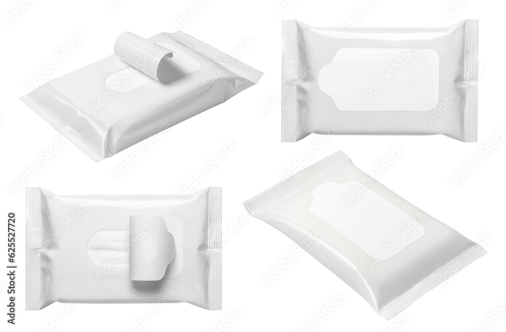 Set of white wet wipes flow pack, cut out Set of white wet wipes flow pack, cut out