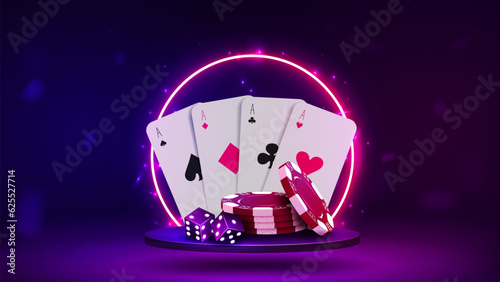 Foto 3D chips, dice and cards for poker and casino on the podium with a bright neon arch in blue and purple on a light background