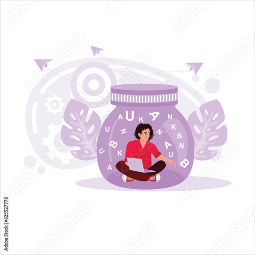 A male student who has always been studious, with the letters in a bottle in the background. Trend modern vector flat illustration.