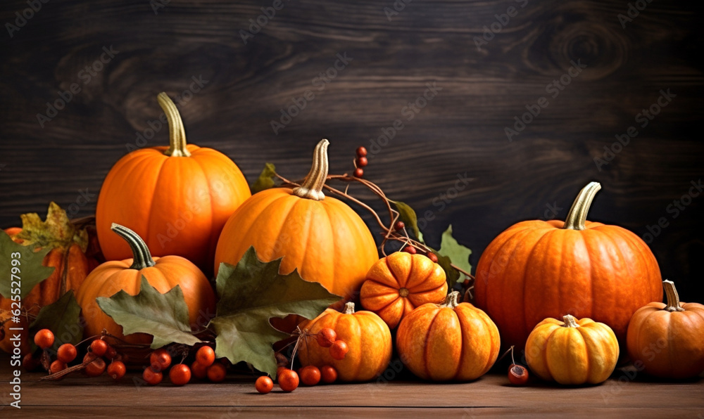 pumpkins and leaves are placed on a wooden table pumpkins and leaves are placed on a wooden table
