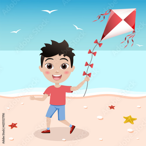 Children's toy kite flat clipart vector illustration.spending holidays in the seaside.cute kid colorful summer illustration.Happy vacation.Child playing with air kites and fly it to sky.Beach banner.