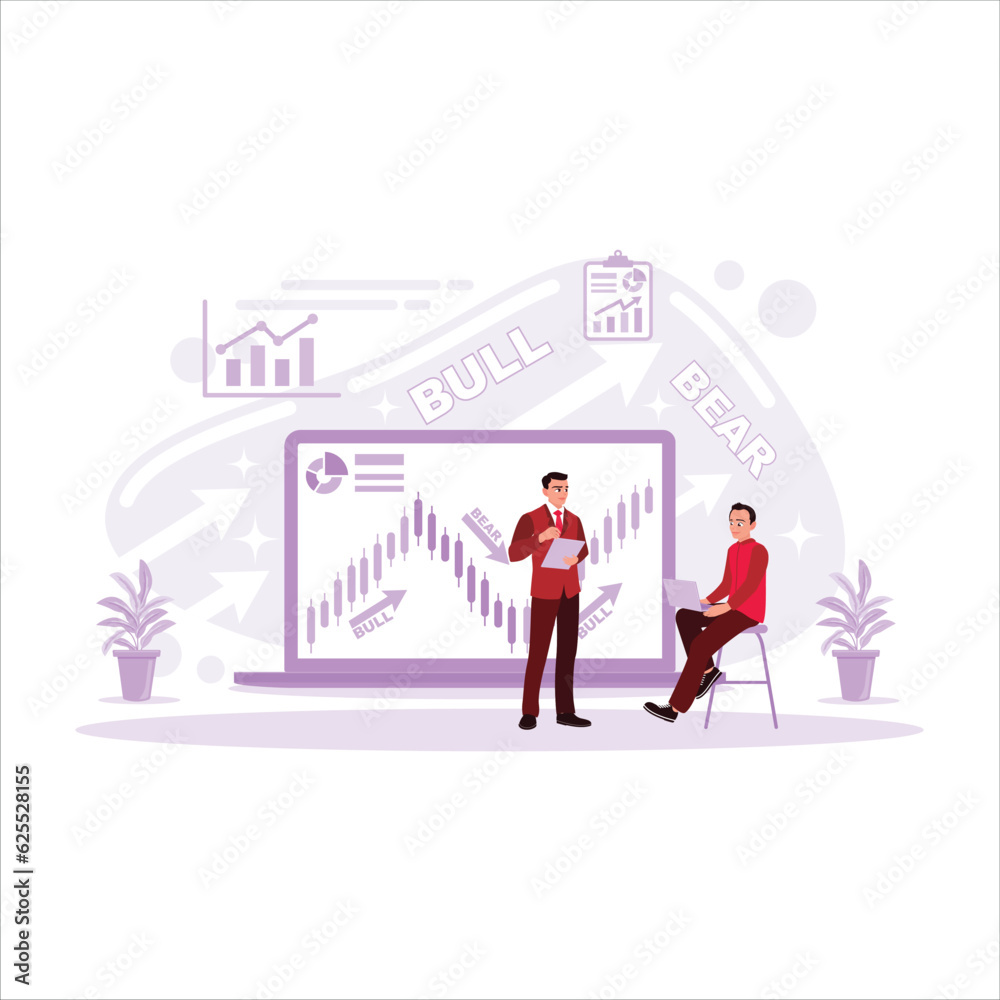 Man analyzing the stock market on a bull and bear background. Investment, risk, stock market, and finance concepts. Trend Modern vector flat illustration Man analyzing the stock market on a bull and bear background. Investment, risk, stock market, and finance concepts. Trend Modern vector flat illustration