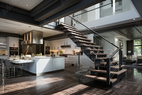 Contemporary residence interior design featuring a staircase and kitchen area.