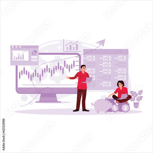 Stock market traders look at the ticker numbers and charts of continuously rising stocks. Perform data analysis and sales. Trend Modern vector flat illustration