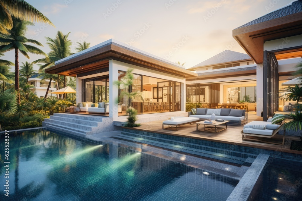 Luxurious pool villas, houses, and homes showcase exquisite interior and exterior designs, boasting the presence of a refreshing swimming pool, comfortable sunbeds, vibrant blue beach towels, and