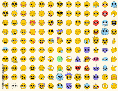 Big set of emoticons with 130 symbols. Vector pack in line art style. Vintage icons sticker label in 70s, 80s, 90s style. Collection of happy, smile, laugh, joyful, sad, angry and crying faces