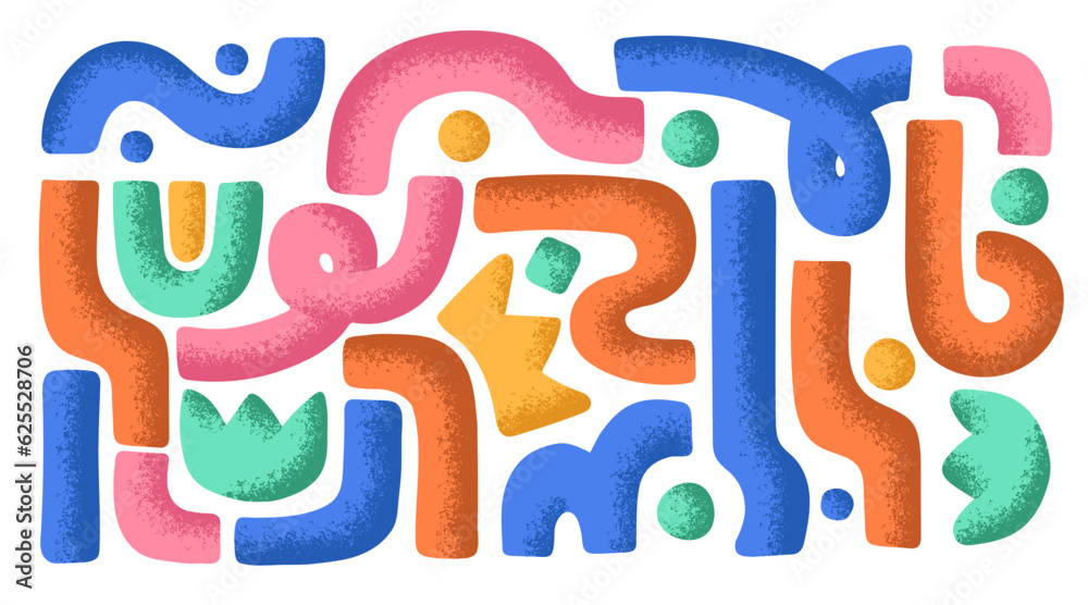 Abstract shapes set. Doodle-styled modern design elements, textured lines, curvy figures. Creative wavy twisted decorations, flowers, dots. Flat vector illustrations isolated on white background Abstract shapes set. Doodle-styled modern design elements, textured lines, curvy figures. Creative wavy twisted decorations, flowers, dots. Flat vector illustrations isolated on white background