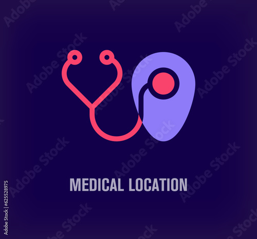 Creative stethoscope and location logo. Unique color transitions. Unique health location sign logo template. vector