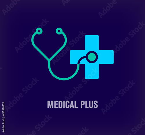 Creative stethoscope and plus sign logo. Unique color transitions. Unique medical sign logo template. vector