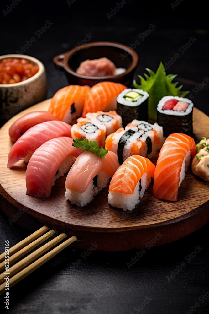 set fish rice sushi roll seafood japan food japanese meal. Generative AI. set fish rice sushi roll seafood japan food japanese meal. Generative AI.