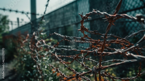 A close-up, detailed shot of a barbwire and razor wire fence's sharp features