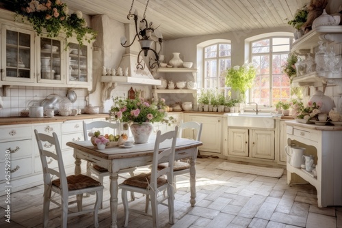 The kitchen has a vintage and rustic interior featuring white furniture  a wooden wall  and rustic decorations. The indoor space is well lit and bright.