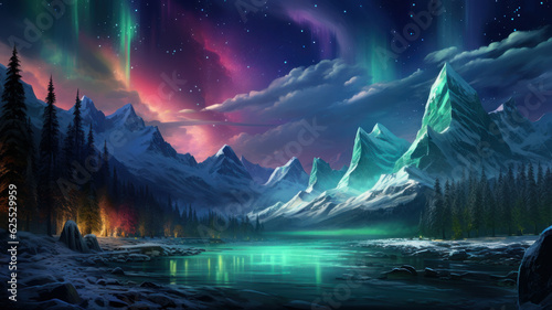 northern lights over the city in the mountains © Aliaksei