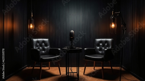 Two chairs and microphones in podcast or interview room