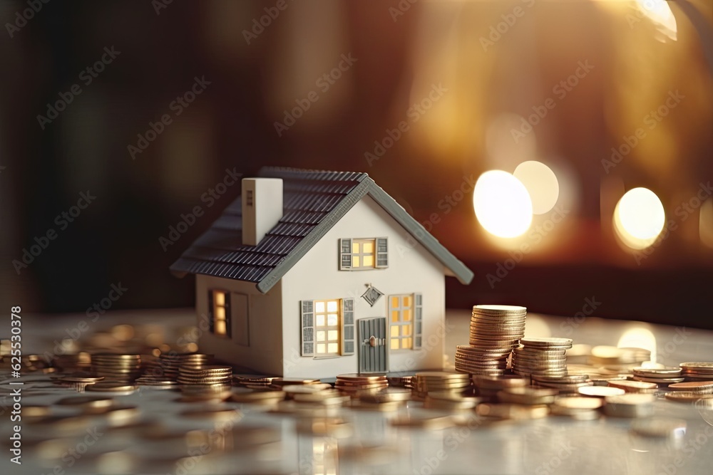 Financial success and investment concept with model house and golden coins stack