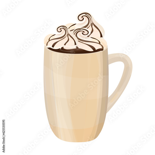 Homemade hot cocoa with cream. A cup of aromatic hot chocolate with ice cream. Illustration of Chocolate drink isolated on white.