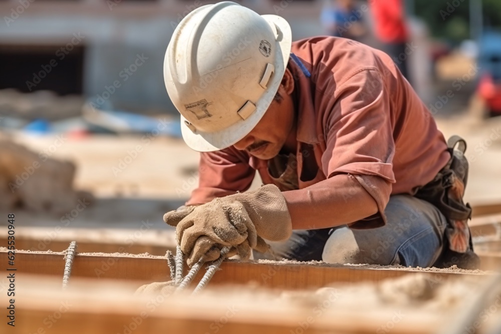 Close up of a worker's hand in a protective glove working on a construction site. Professional construction worker. Generative AI technology. Close up of a worker's hand in a protective glove working on a construction site. Professional construction worker. Generative AI technology.