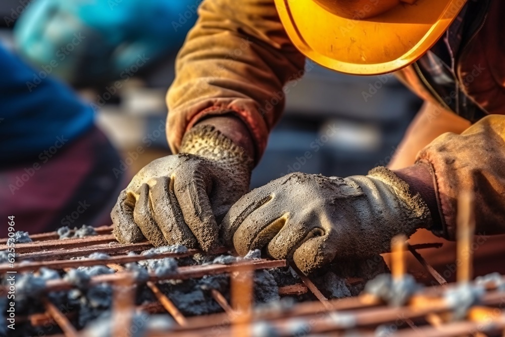 Close up of a worker's hand in a protective glove working on a construction site. Professional construction worker. Generative AI technology. Close up of a worker's hand in a protective glove working on a construction site. Professional construction worker. Generative AI technology.