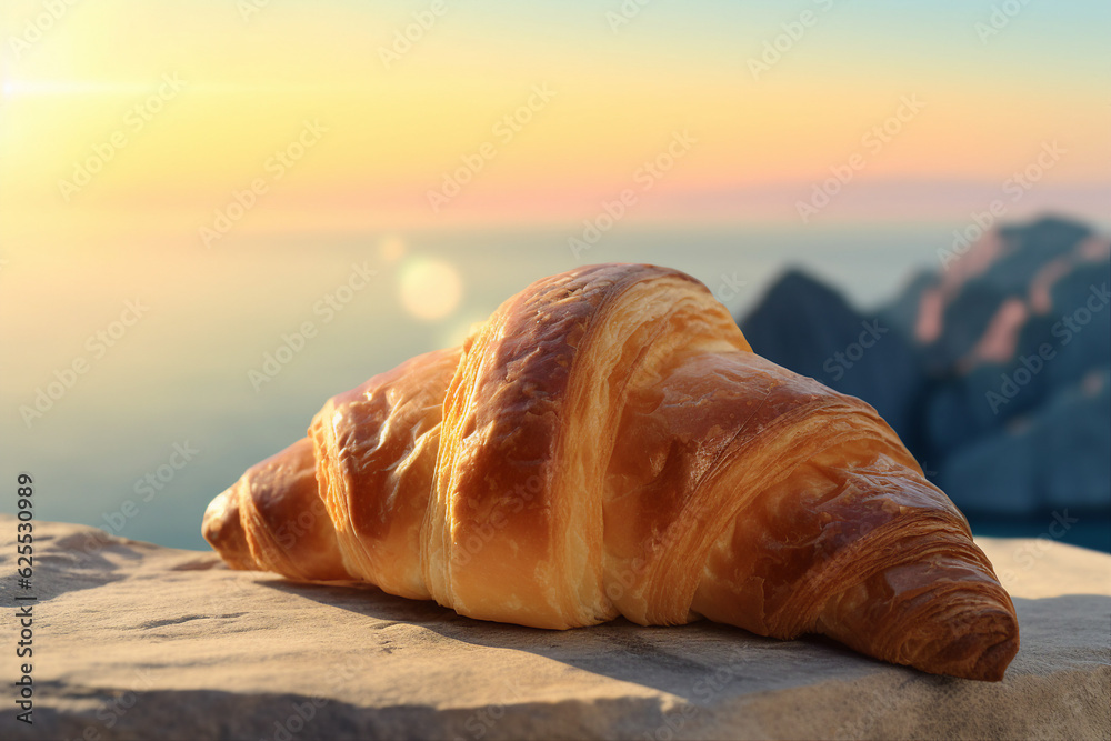 Close up photo image of freshly backed french croissant shiny in the rays of morning sunrise created using generative ai concept