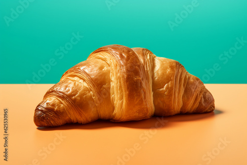 Close up digital image of delicious fresh croissant with golden crust lying table isolated on teal background generative ai concept