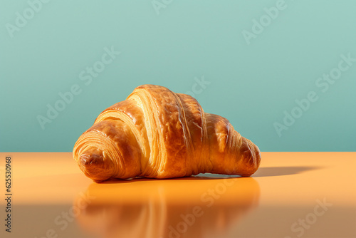 AI generated technology image banner of hot french air croissant for puff pastry advertising isolated on blue color background