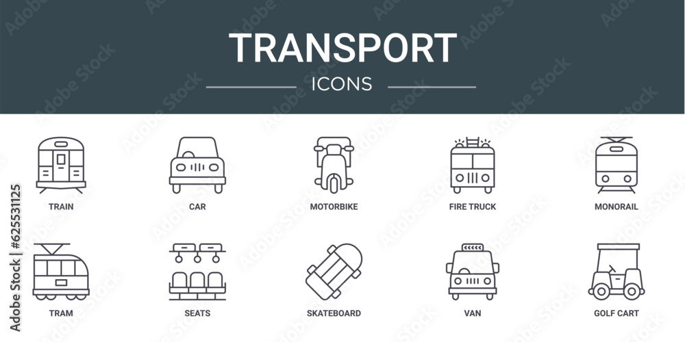 set of 10 outline web transport icons such as train, car, motorbike, fire truck, monorail, tram, seats vector icons for report, presentation, diagram, web design, mobile app