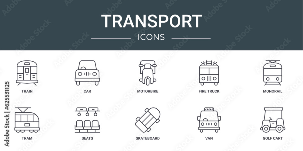 set of 10 outline web transport icons such as train, car, motorbike, fire truck, monorail, tram, seats vector icons for report, presentation, diagram, web design, mobile app set of 10 outline web transport icons such as train, car, motorbike, fire truck, monorail, tram, seats vector icons for report, presentation, diagram, web design, mobile app
