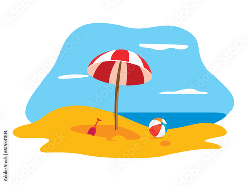 Sea view in summer with water play equipment placed on the beach