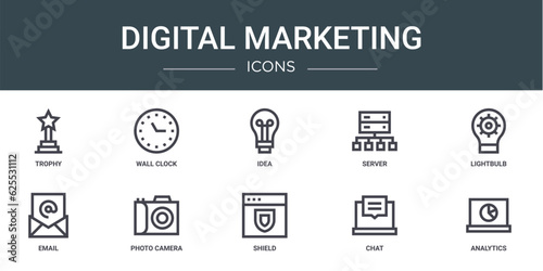 set of 10 outline web digital marketing icons such as trophy, wall clock, idea, server, lightbulb, email, photo camera vector icons for report, presentation, diagram, web design, mobile app