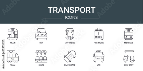 set of 10 outline web transport icons such as train, car, motorbike, fire truck, monorail, tram, seats vector icons for report, presentation, diagram, web design, mobile app © MacroOne