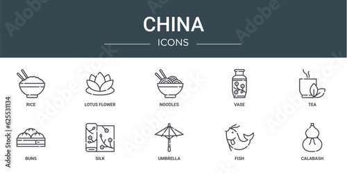 set of 10 outline web china icons such as rice, lotus flower, noodles, vase, tea, buns, silk vector icons for report, presentation, diagram, web design, mobile app