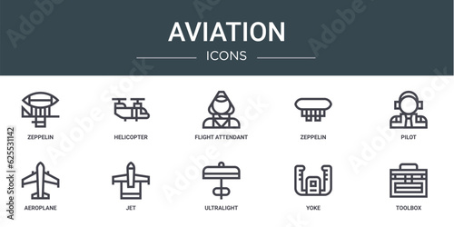 set of 10 outline web aviation icons such as zeppelin, helicopter, flight attendant, zeppelin, pilot, aeroplane, jet vector icons for report, presentation, diagram, web design, mobile app