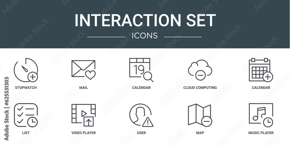 set of 10 outline web interaction set icons such as stopwatch, mail, calendar, cloud computing, calendar, list, video player vector icons for report, presentation, diagram, web design, mobile app
