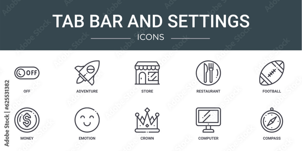set of 10 outline web tab bar and settings icons such as off, adventure, store, restaurant, football, money, emotion vector icons for report, presentation, diagram, web design, mobile app