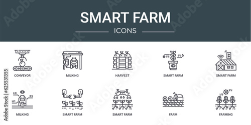 set of 10 outline web smart farm icons such as conveyor, milking, harvest, smart farm, smart farm, milking, vector icons for report, presentation, diagram, web design, mobile app © MacroOne