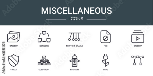 set of 10 outline web miscellaneous icons such as gallery, network, newtons cradle, file, gallery, shield, gold ingot vector icons for report, presentation, diagram, web design, mobile app