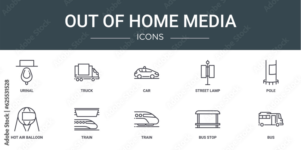 set of 10 outline web out of home media icons such as urinal, truck, car, street lamp, pole, hot air balloon, train vector icons for report, presentation, diagram, web design, mobile app
