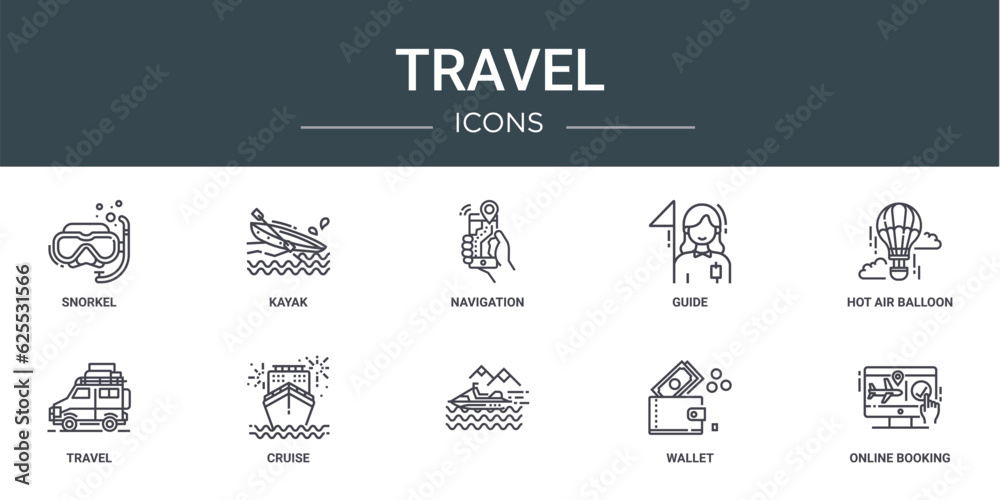 set of 10 outline web travel icons such as snorkel, kayak, navigation, guide, hot air balloon, travel, cruise vector icons for report, presentation, diagram, web design, mobile app