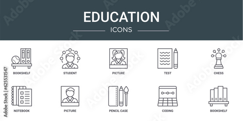 set of 10 outline web education icons such as bookshelf, student, picture, test, chess, notebook, picture vector icons for report, presentation, diagram, web design, mobile app
