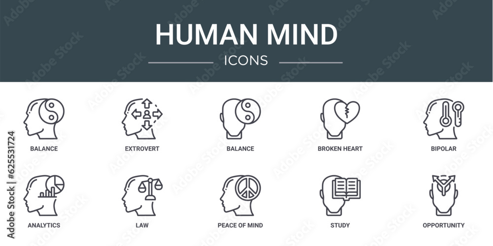 set of 10 outline web human mind icons such as balance, extrovert, balance, broken heart, bipolar, analytics, law vector icons for report, presentation, diagram, web design, mobile app