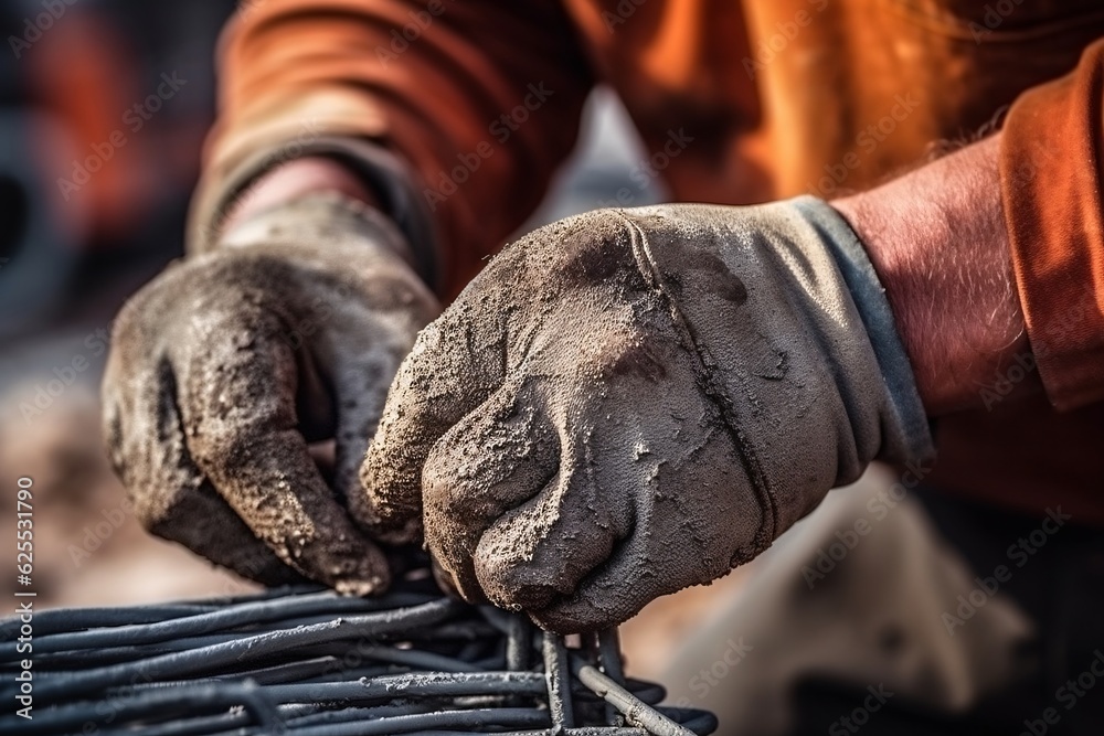 Close up of a worker's hand in a protective glove working on a construction site.  Professional construction worker. Generative AI technology.