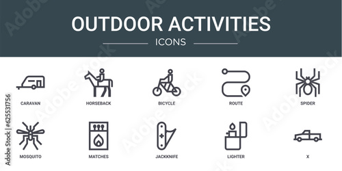 set of 10 outline web outdoor activities icons such as caravan, horseback, bicycle, route, spider, mosquito, matches vector icons for report, presentation, diagram, web design, mobile app