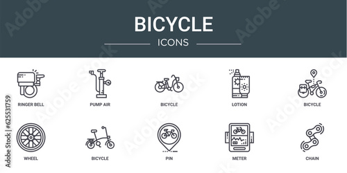 set of 10 outline web bicycle icons such as ringer bell, pump air, bicycle, lotion, bicycle, wheel, vector icons for report, presentation, diagram, web design, mobile app